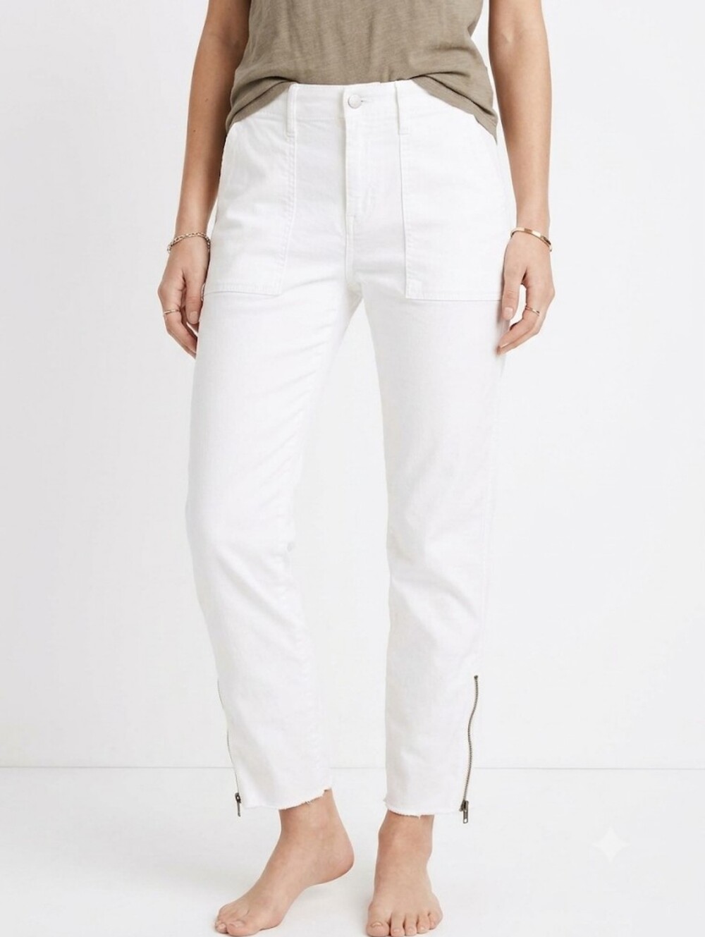 High-Rise White Cropped Ankle Jeans with Side Zips